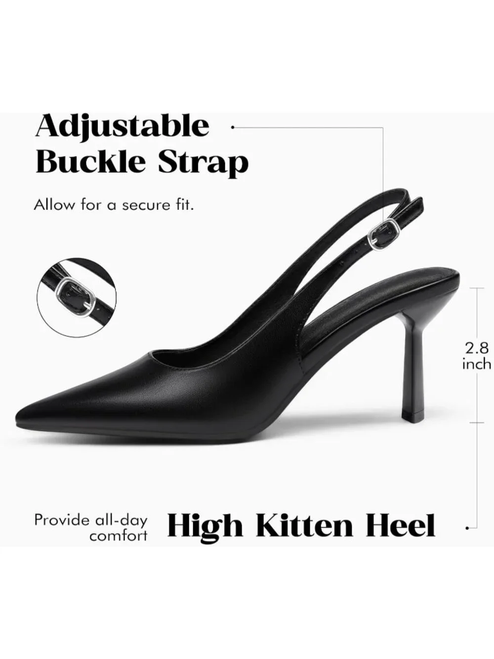 Women's Cool Black Rubber Slingback Kitten Heels Closed Pointed Toe Buckle Pumps